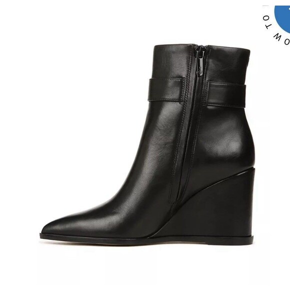 NEW Sam Edelman Women's Weslie Buckle Wedge Leather Black Booties Boots Size 9.5 - Picture 2 of 10
